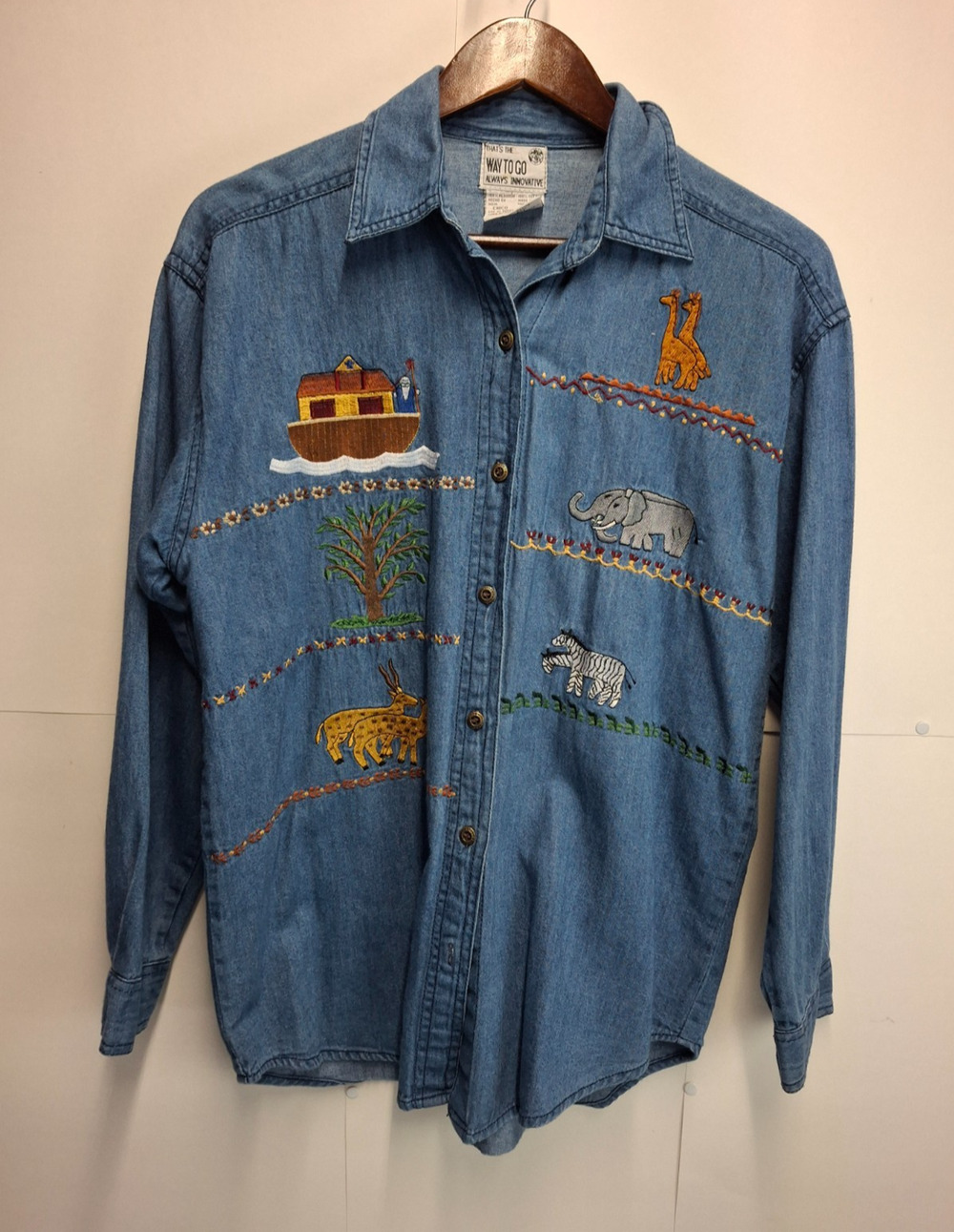 Vintage Embroidered Noah’s Ark Denim Shirt Cottagecore Animals Size L